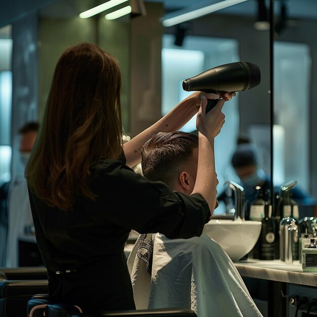 Photo a man is cutting a haircut with a woman in a barbershop