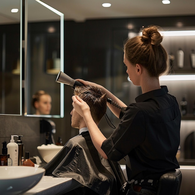 Photo a man is cutting a haircut with a woman in a barbershop