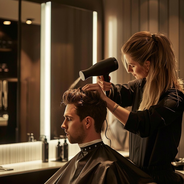 a man is cutting a haircut with a woman in a barbershop