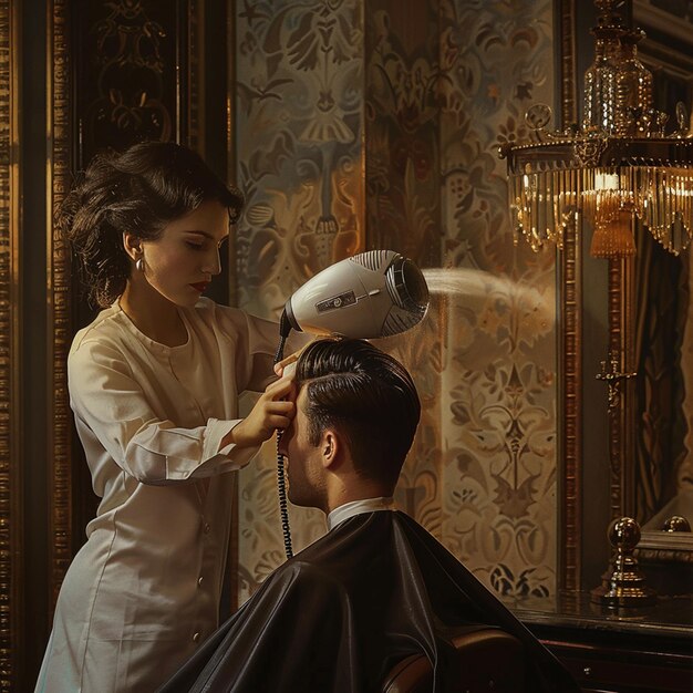 Photo a man is cutting a haircut with a woman in a barbershop