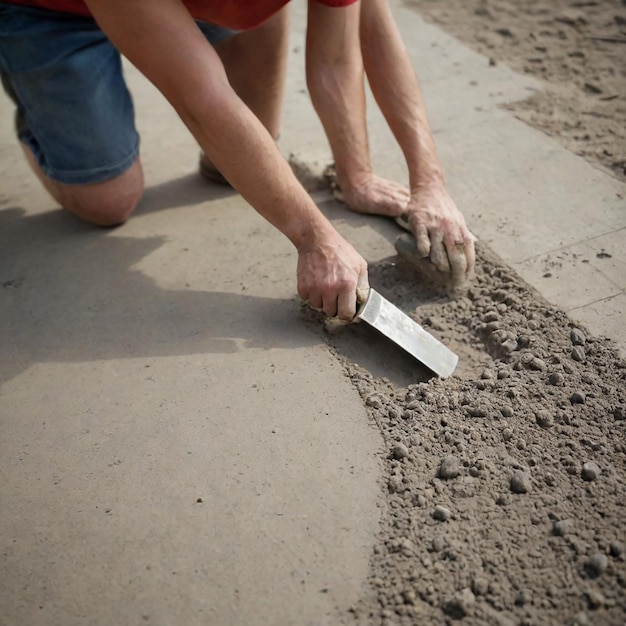 Photo man is cutting a knife on the sand with a knife