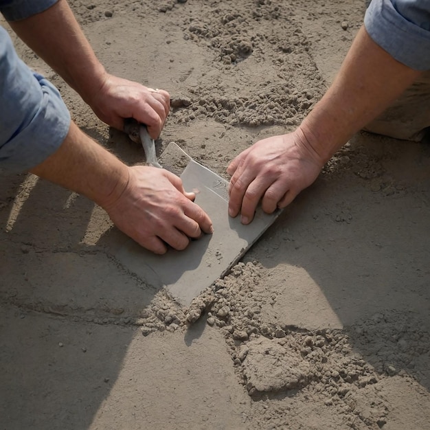 Photo man is cutting a knife on the sand with a knife