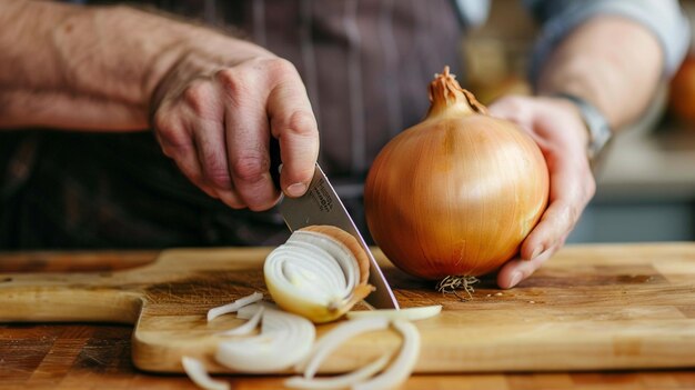 a man is cutting onions with a knife on a cutting board