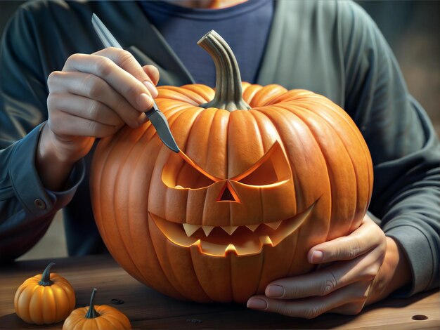 a man is cutting a pumpkin with a knife