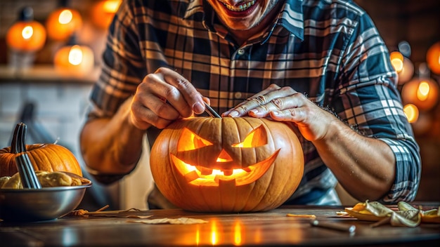 a man is cutting a pumpkin with a pumpkin on it