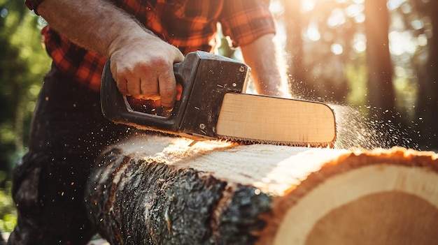 Photo a man is cutting a tree stump with a chainsaw