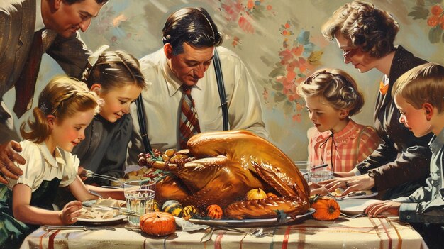 a man is cutting a turkey with his children