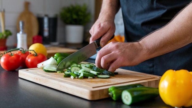 Photo a man is cutting vegetables on a cutting board with a knife