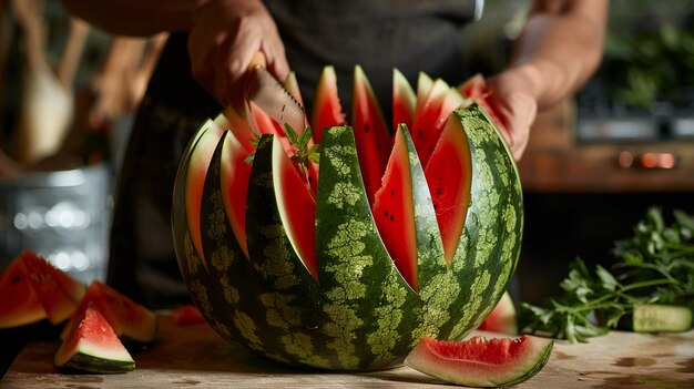 Photo a man is cutting a watermelon with a knife