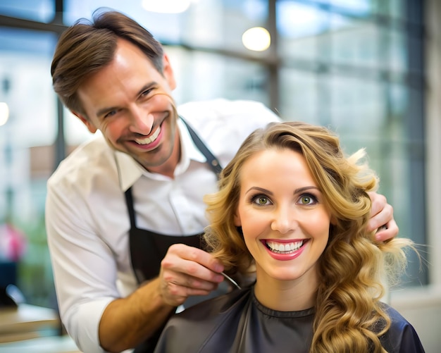 a man is cutting a womans hair with a woman in the background