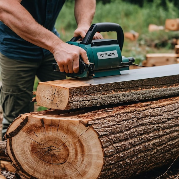 Photo a man is cutting wood with a green machine that says quot chia quot on it