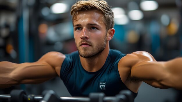 Photo a man is doing exercise with the words  on the back of his shirt