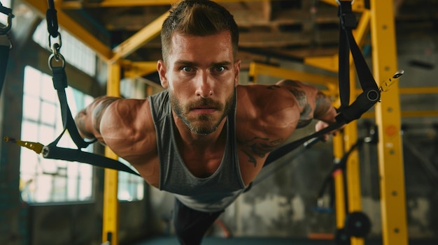 a man is doing push ups in a gym with a tattoo on his arm