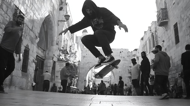 Photo a man is doing a trick on a skateboard in the street