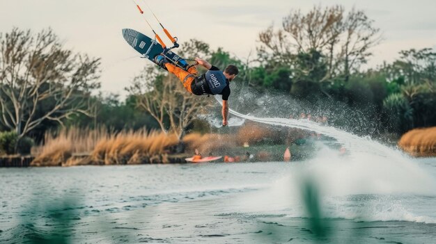 Photo a man is doing a trick on a water ski