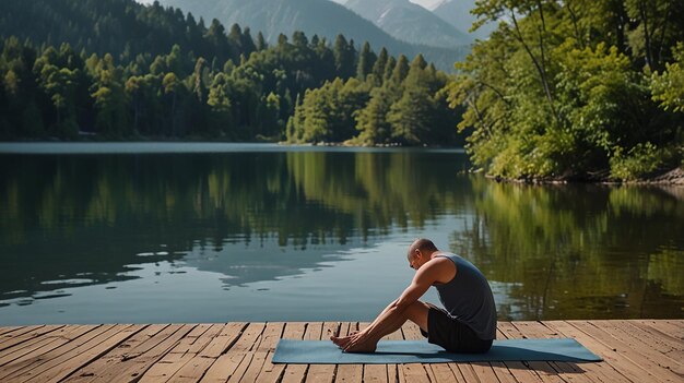 a man is doing yoga on a dock by a lake