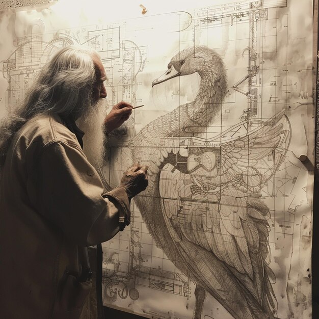 Photo a man is drawing a bird on a piece of paper