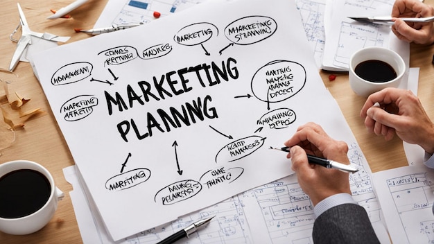 Photo a man is drawing a paper with a pen on it and the words quot marketing plan plan plan plan plan plan