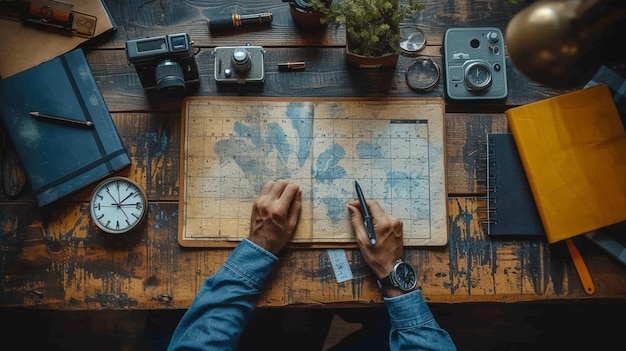 Photo a man is drawing a picture of a map on a table with a pen and a pen