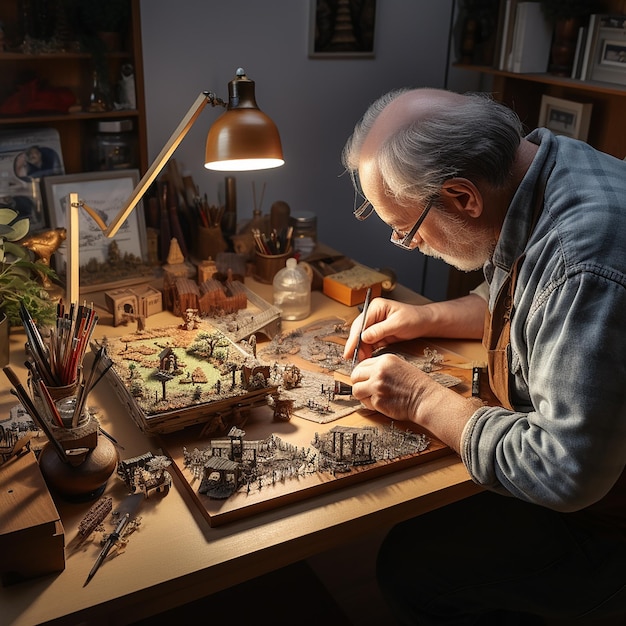 Photo a man is drawing a picture of a puzzle that is on a table