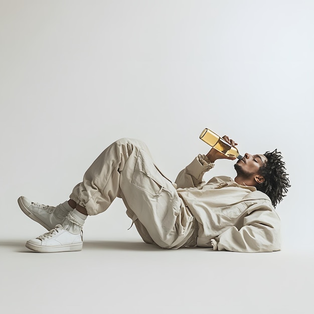 Photo a man is drinking from a can of beer