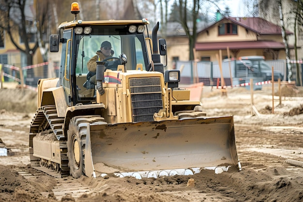 a man is driving a bulldozer in the dirt