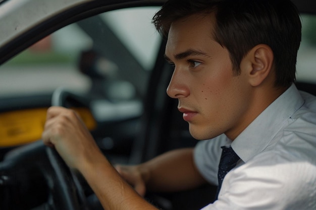 a man is driving a car and is wearing a shirt that says he is driving