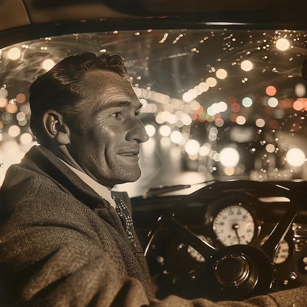 Photo a man is driving a car with a clock on the front