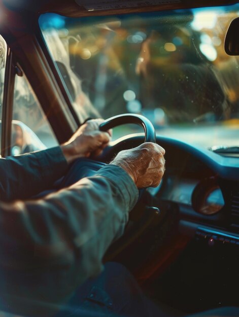 A man is driving a car with his hands on the steering wheel