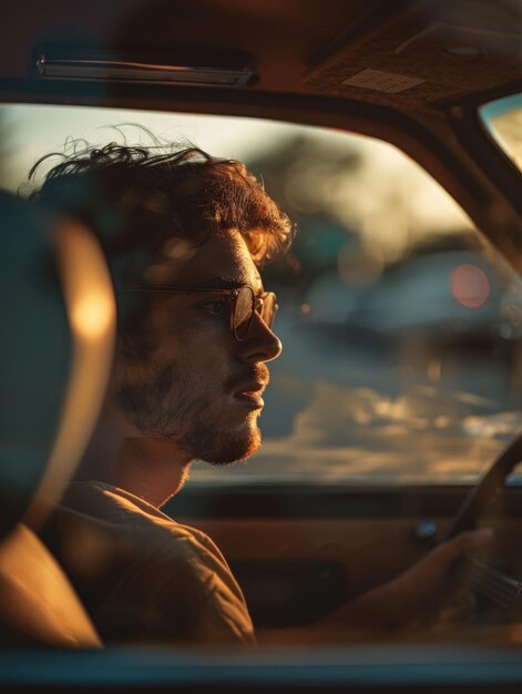 A man is driving a car with his head tilted back and sunglasses on