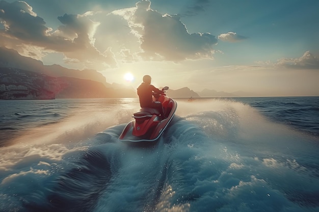 Photo a man is driving a jet ski in the sea