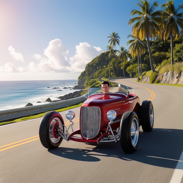 a man is driving a red car with a red convertible