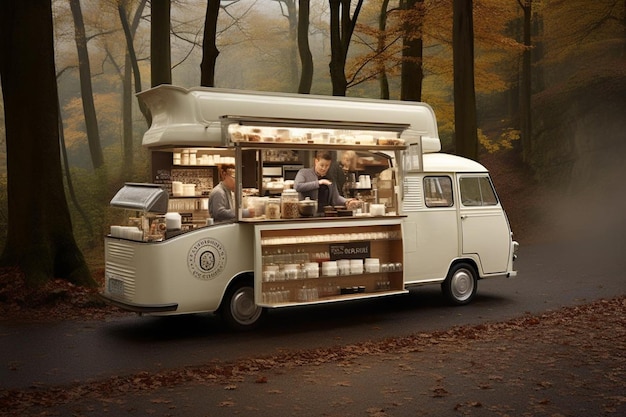 a man is driving a white van with a man standing behind it