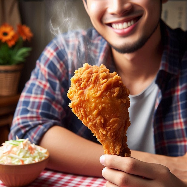 Photo a man is eating a fried chicken with a cup of coffee