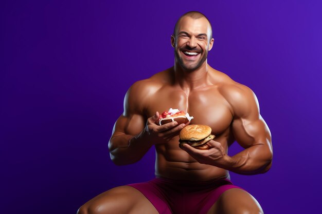 A man is eating a hamburger and smiling.