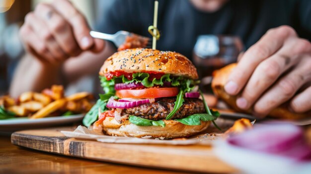 A man is eating a hamburger with lettuce and onions