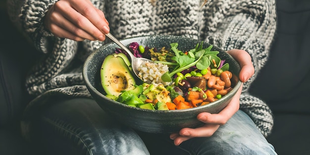 a man is eating a healthy meal with a fork