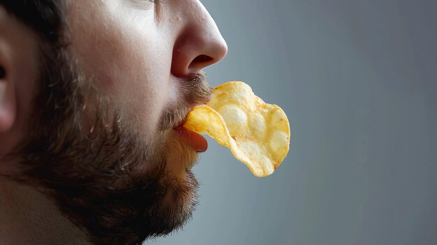 Photo a man is eating a potato chip