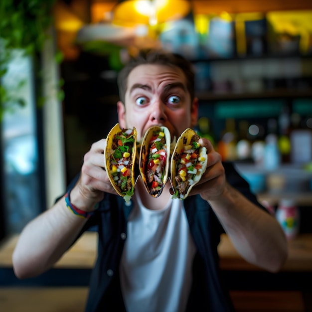 Photo a man is eating a taco that has the word taco on it