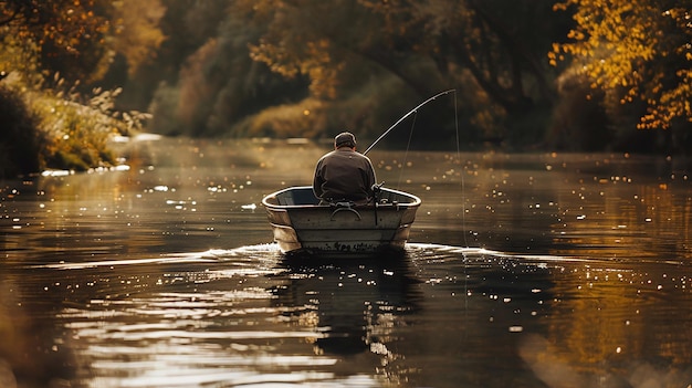 a man is fishiFishing on the river man in boat finds relaxation and tranquilng in a boat on a lake