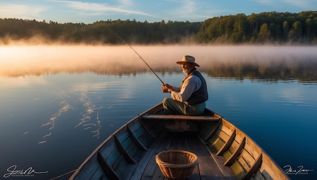 a man is fishing on a boat with a fishing rod