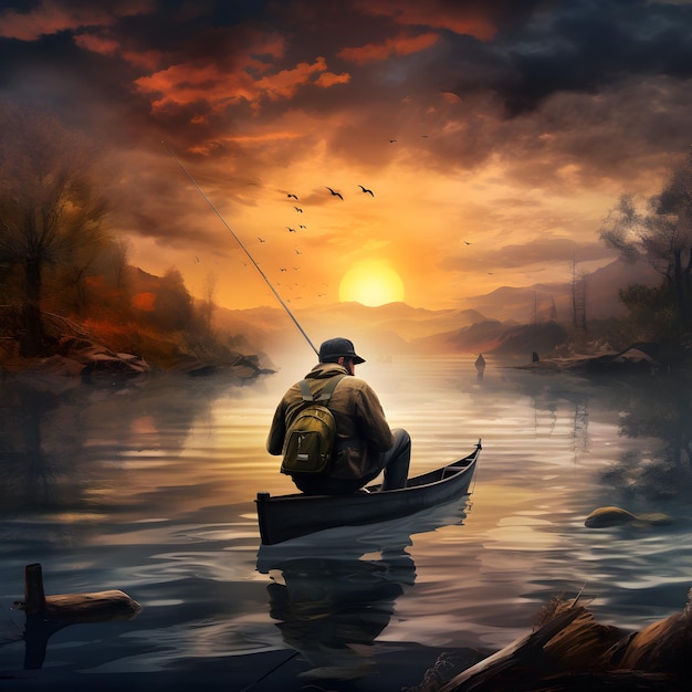 Photo a man is fishing in a boat with the sun setting behind him