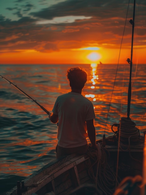 Man is fishing in ocean at sunset