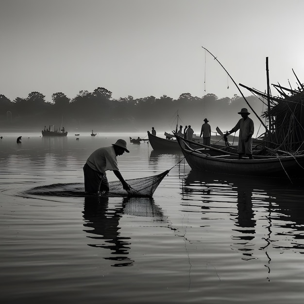 a man is fishing with a boat in the background