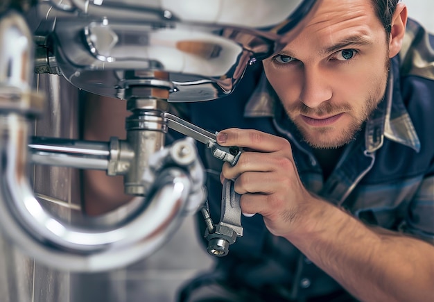 a man is fixing a faucet with a sign that says quot nozzle quot