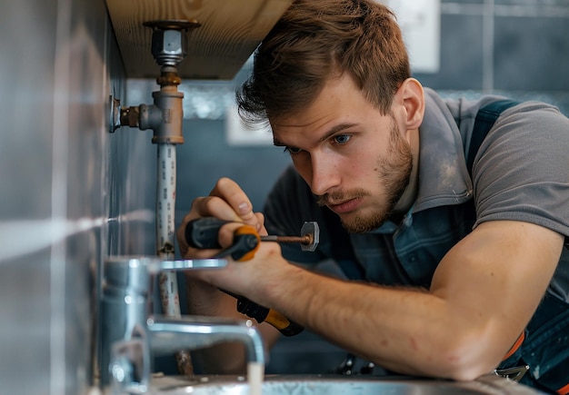 a man is fixing a faucet with a wrench on it