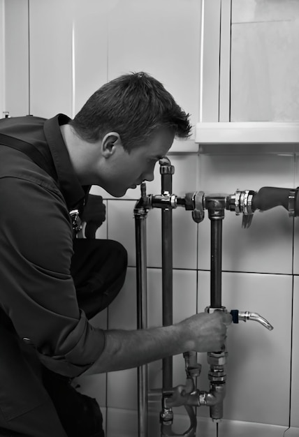 Photo a man is fixing a pipe with a hand holding a faucet