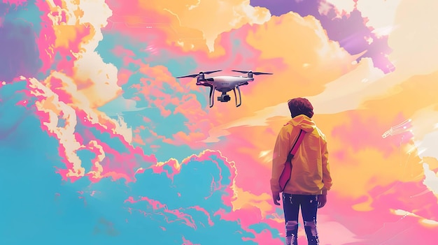 a man is flying a drone with a colorful sky in the background