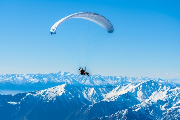 Photo a man is flying a parachute over a snowy mountain