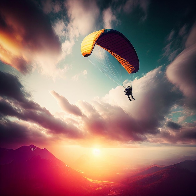 Man is flying in sky on paraglider high above clouds, concept of an active lifestyle, extreme sports